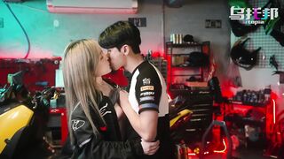 Horny Chinese Biker babe gets a huge load of cum in her pink pussy