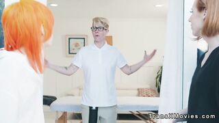 Threesome shemale fucking in resort